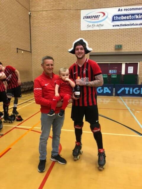 Captain Vancouver Man of the Match: Jamie Griffin pictured with young mascot Henry Horn and Andy Horn